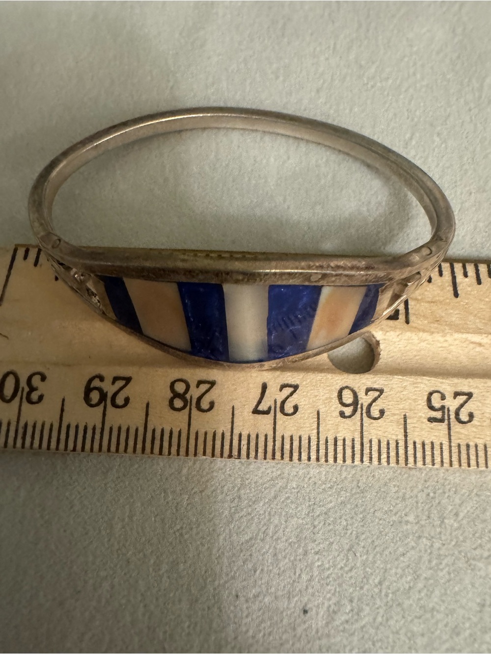 Tiny Sterling Silver Inlay Bangle Bracelet with Blue and Cream Stripes